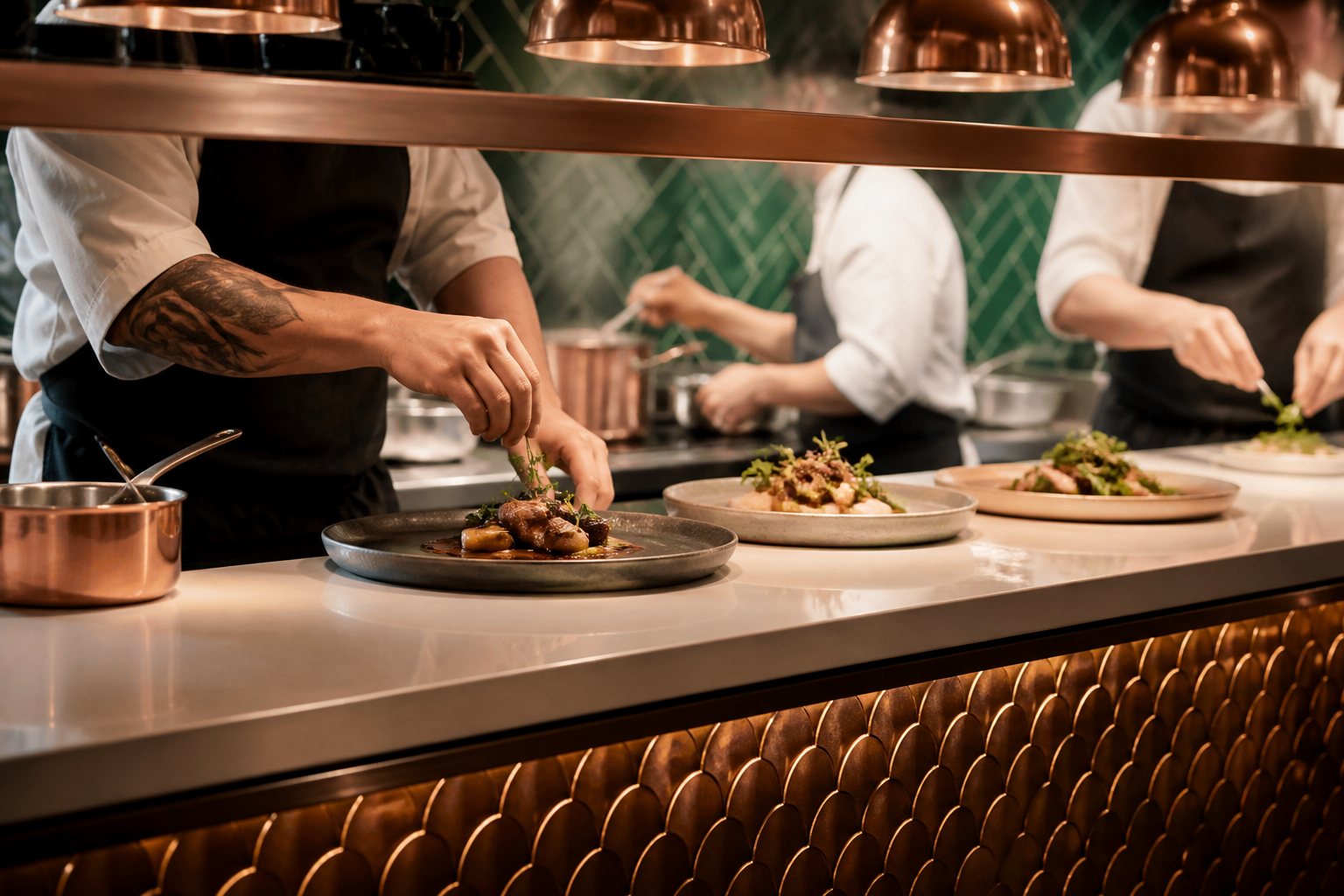 Chefs plating dishes in the MonoCheapp kitchen